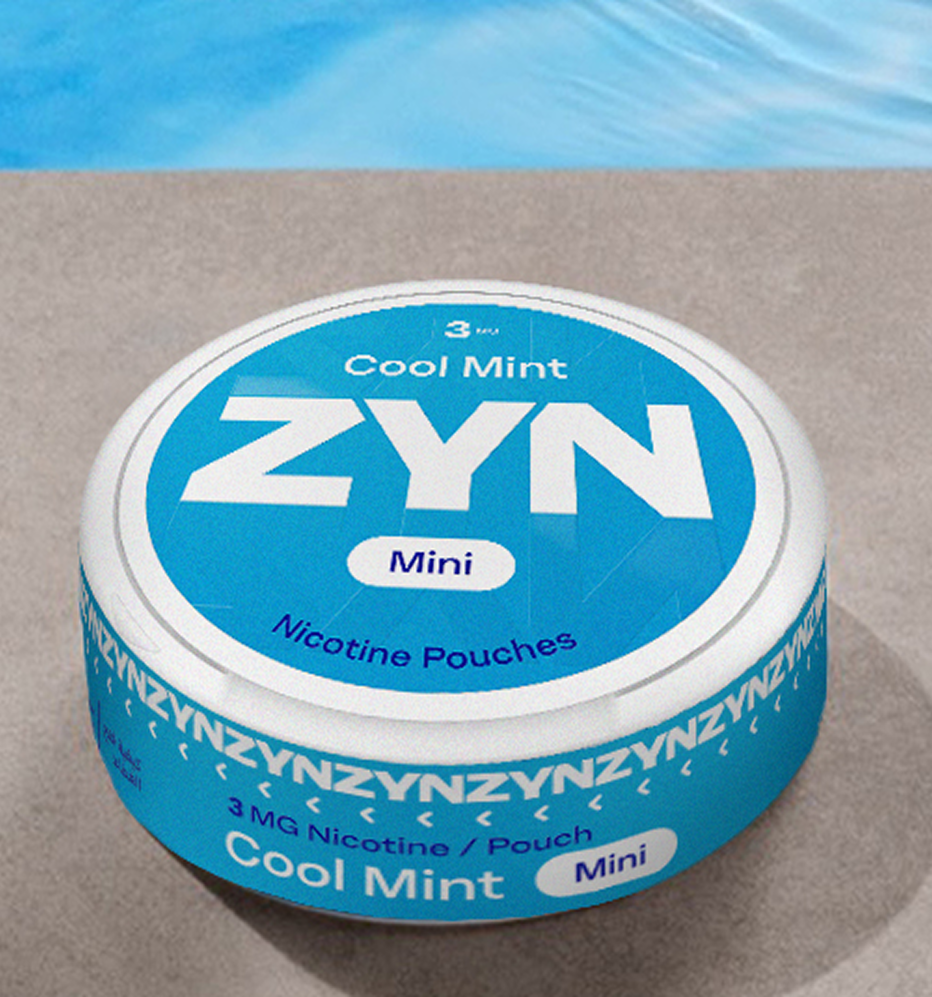 A hand reaching for a round blue container of ZYN Cool Mint Mini nicotine pouches placed on the edge of a swimming pool, with clear blue water in the background.